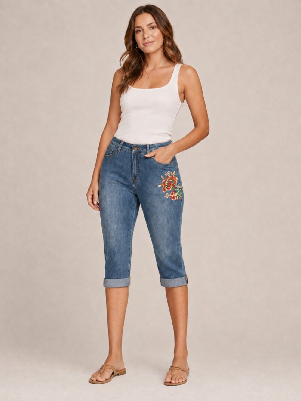 Sonoma Embroidered Capri Cropped Jeans Blue Womens 14 Boho Festival Floral Kohls